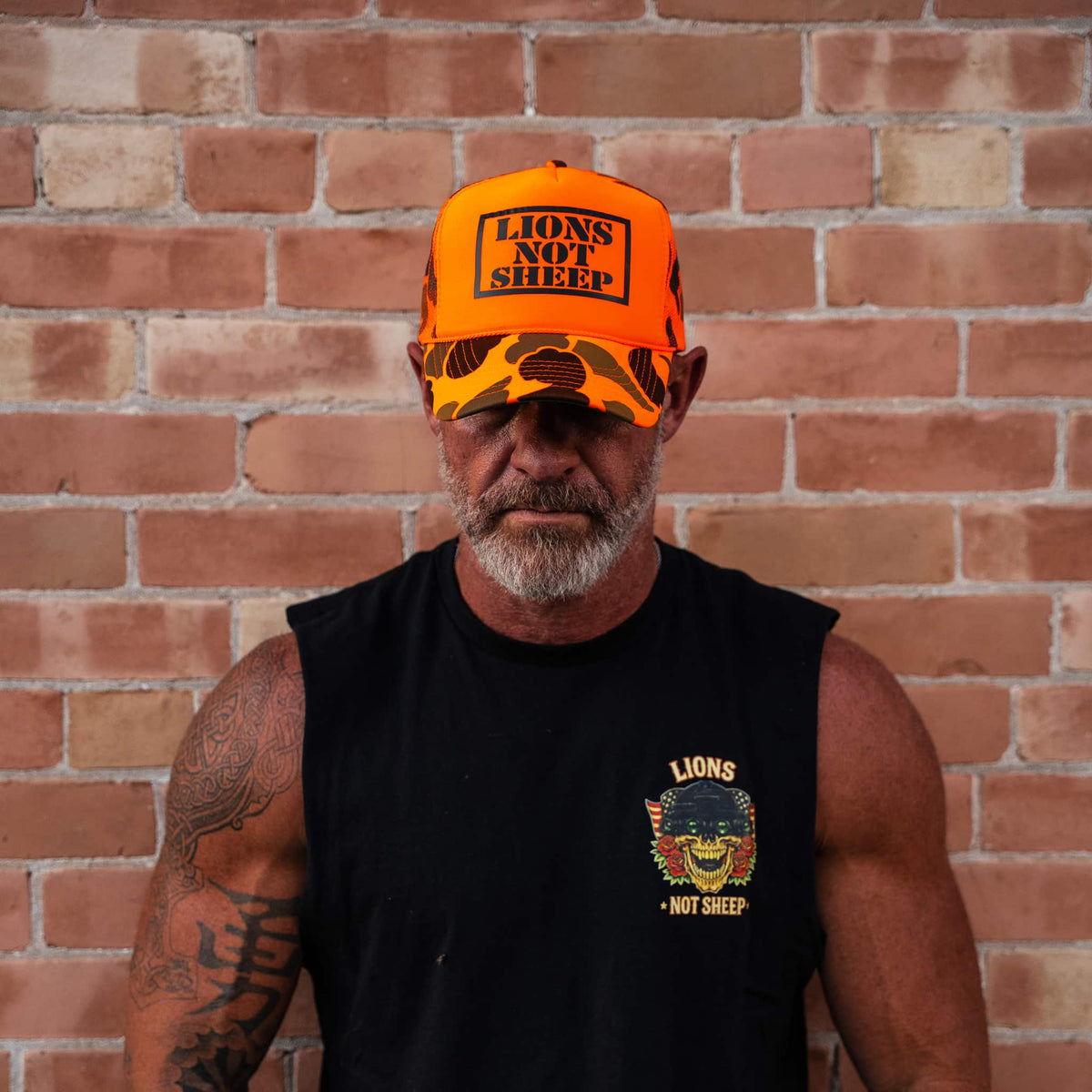 Lions Not Sheep Foam Trucker Hat Orange Camo