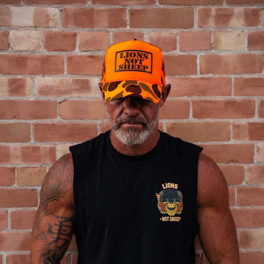 Lions Not Sheep Foam Trucker Hat Orange Camo