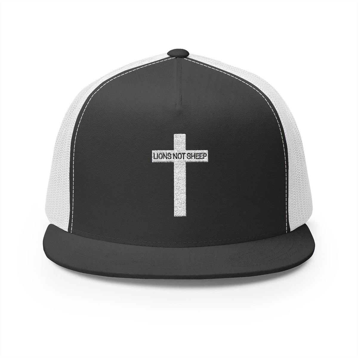 Trendy Apparel Shop Old English 'Chiapas' Flatbill Trucker Cap - Mesh Back Snapback, Embroidered Design (Black)