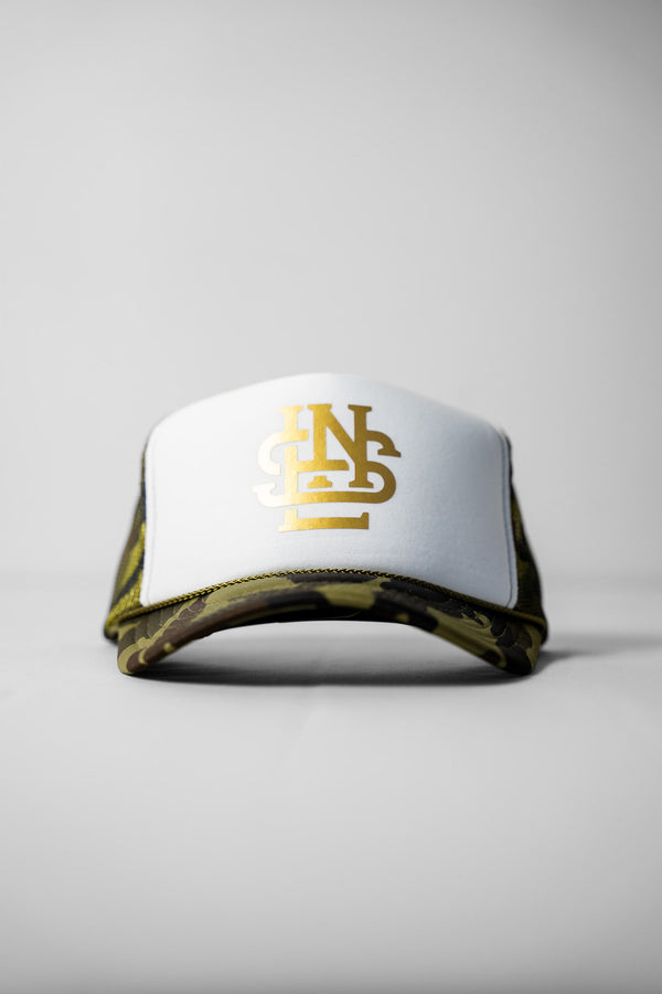 LNS Monogram Foam Trucker - White/Camo/Gold