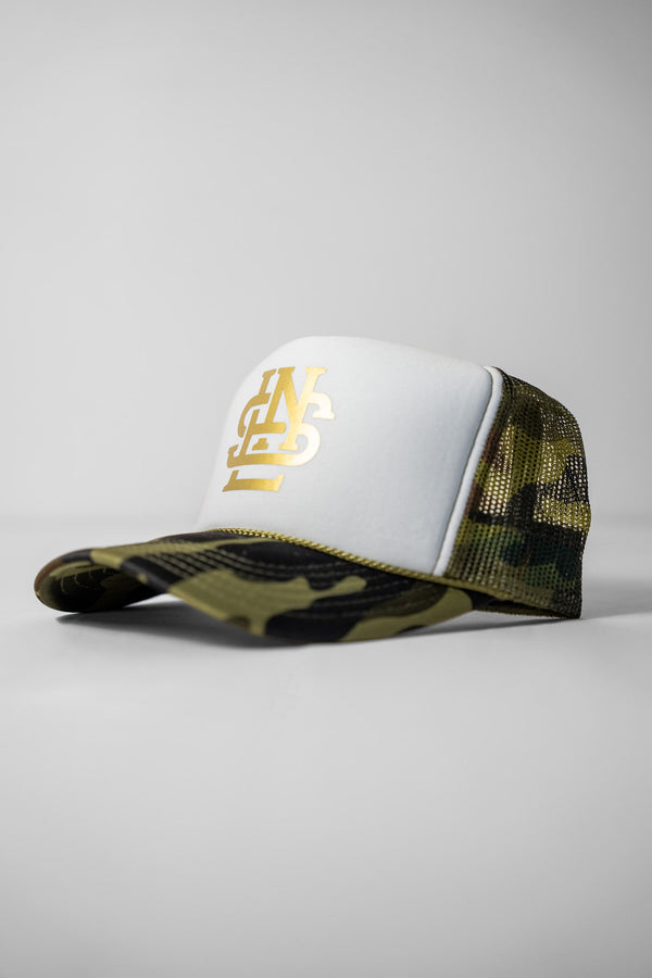LNS Monogram Foam Trucker - White/Camo/Gold