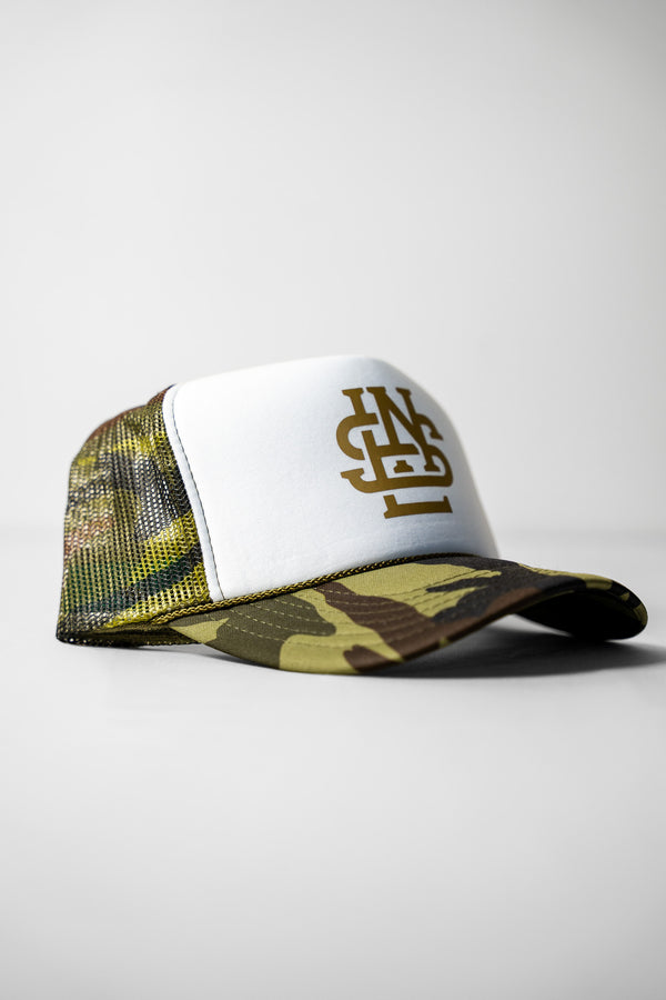 LNS Monogram Foam Trucker - White/Camo/Gold