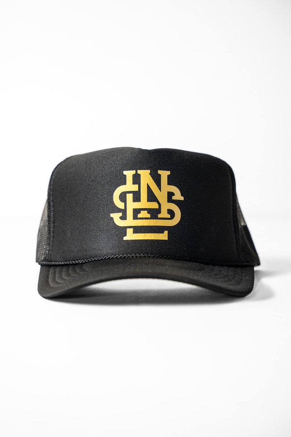LNS Monogram Foam Trucker - Black/Gold