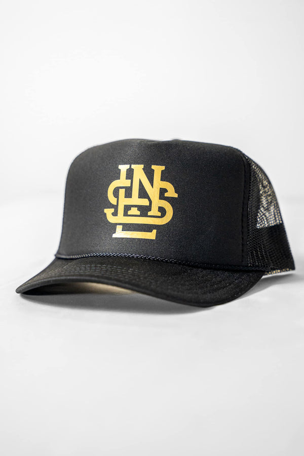 LNS Monogram Foam Trucker - Black/Gold