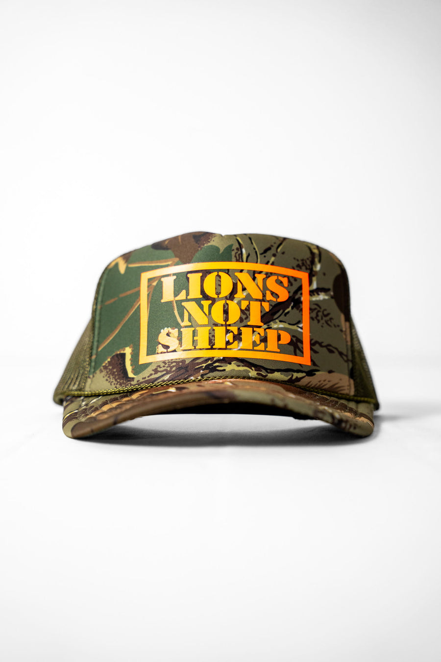 Lions Not Sheep Foam Trucker - Woodland Camo/Blaze Orange