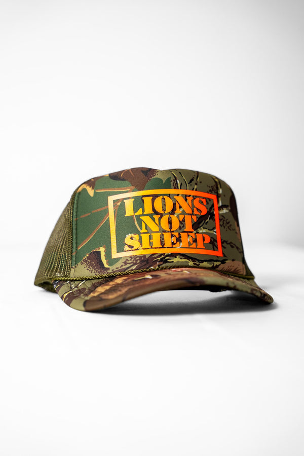 Lions Not Sheep Foam Trucker - Woodland Camo/Blaze Orange
