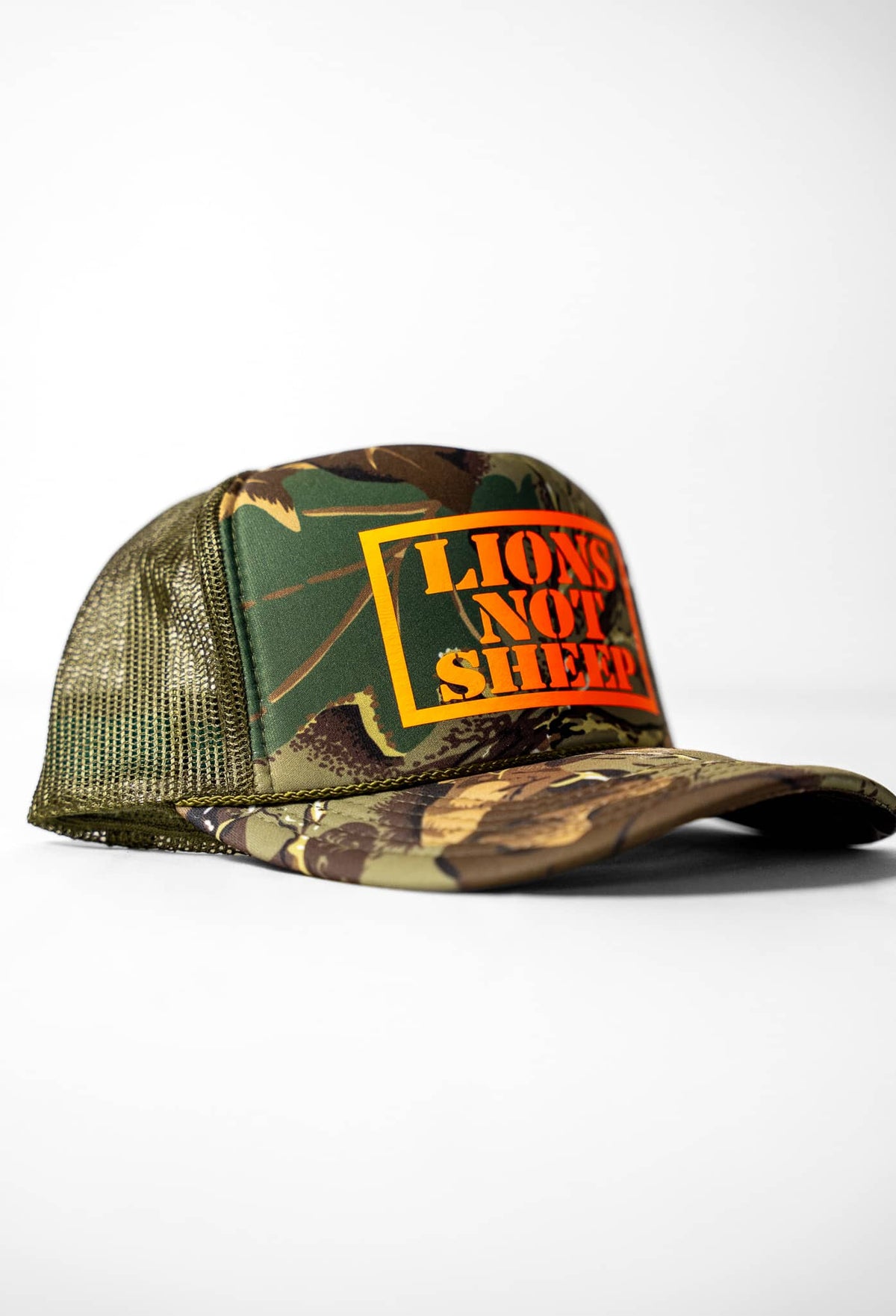 Lions Not Sheep Foam Trucker - Woodland Camo/Blaze Orange