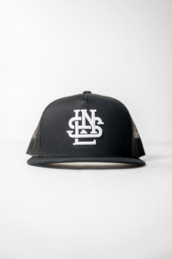 LNS Embroidered Monogram Trucker - Black/White