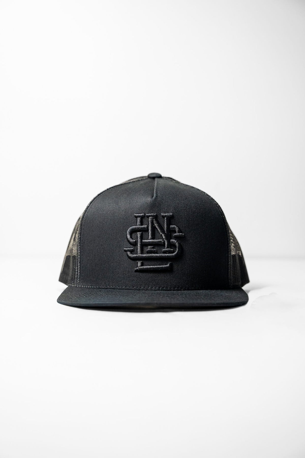 LNS Embroidered Monogram Trucker - Blackout