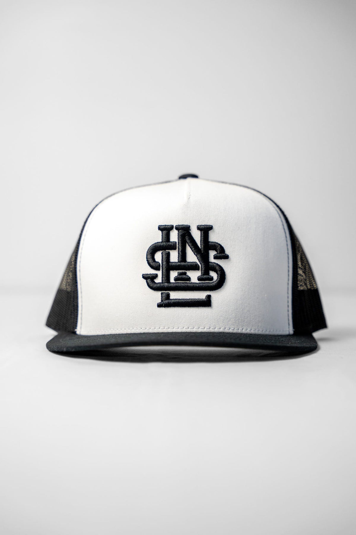 LNS Embroidered Monogram Trucker - White/Black