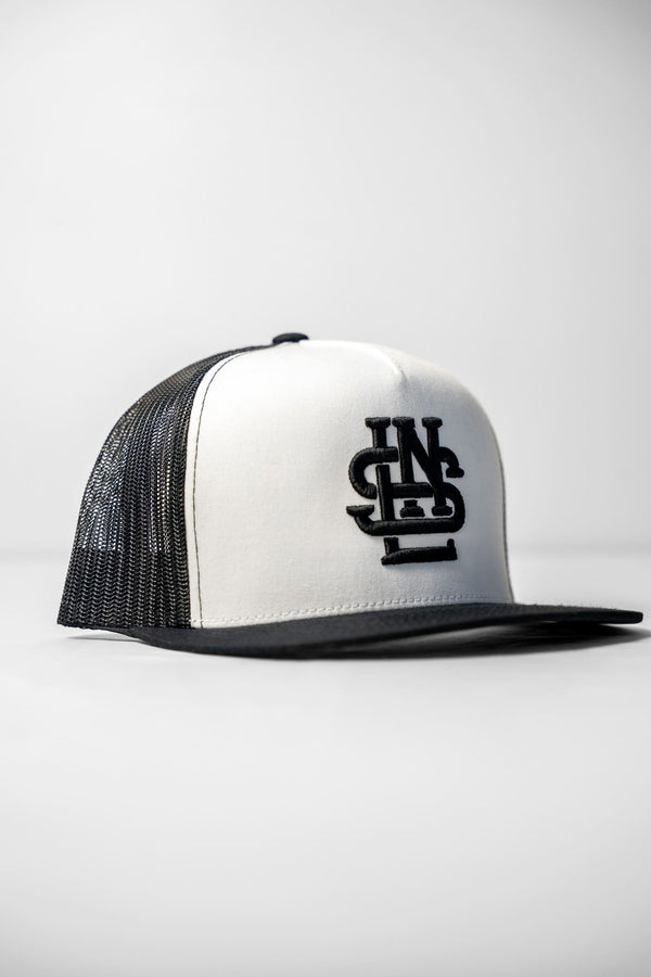 LNS Embroidered Monogram Trucker - White/Black