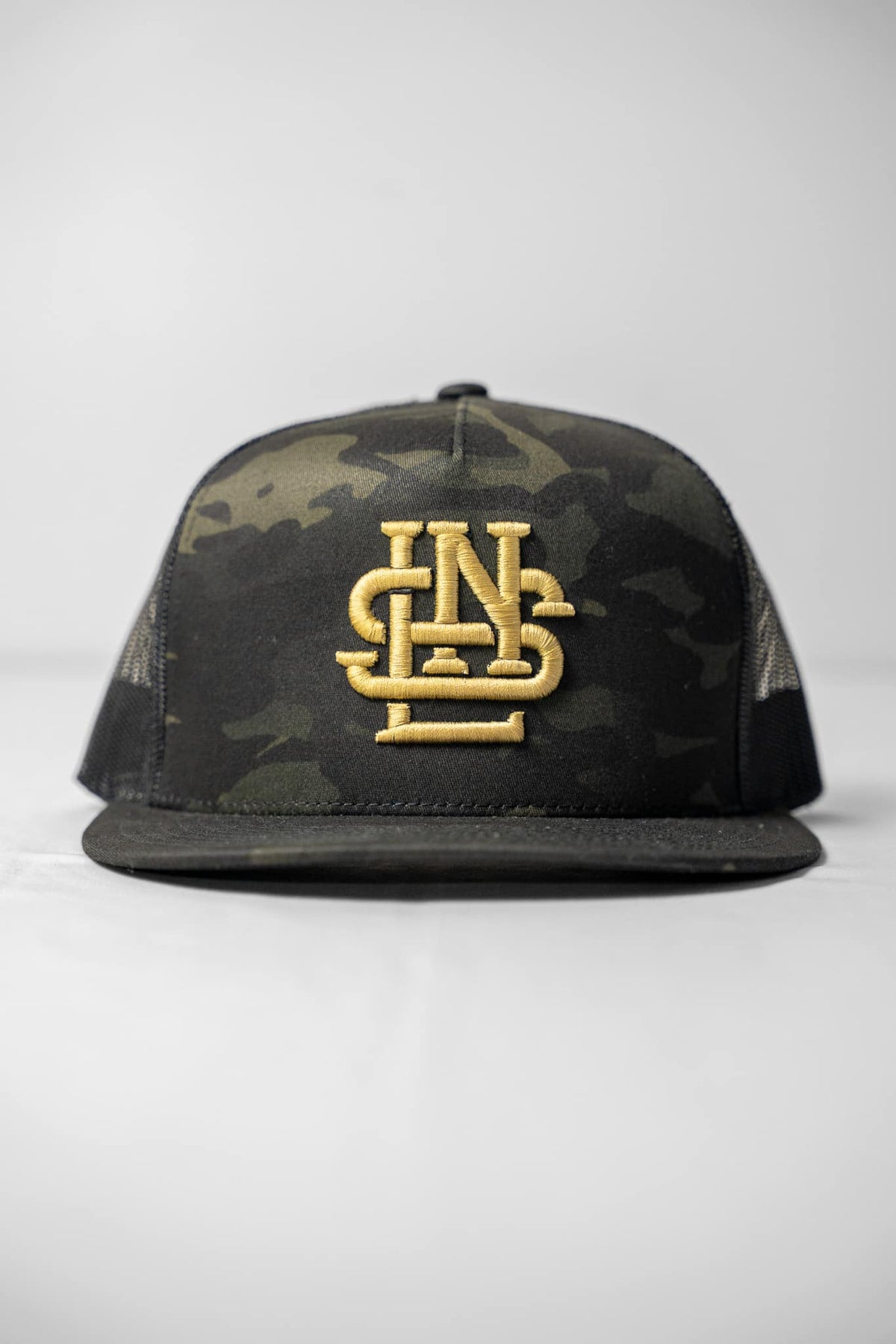 LNS Embroidered Monogram Trucker - Black Multicam/Gold