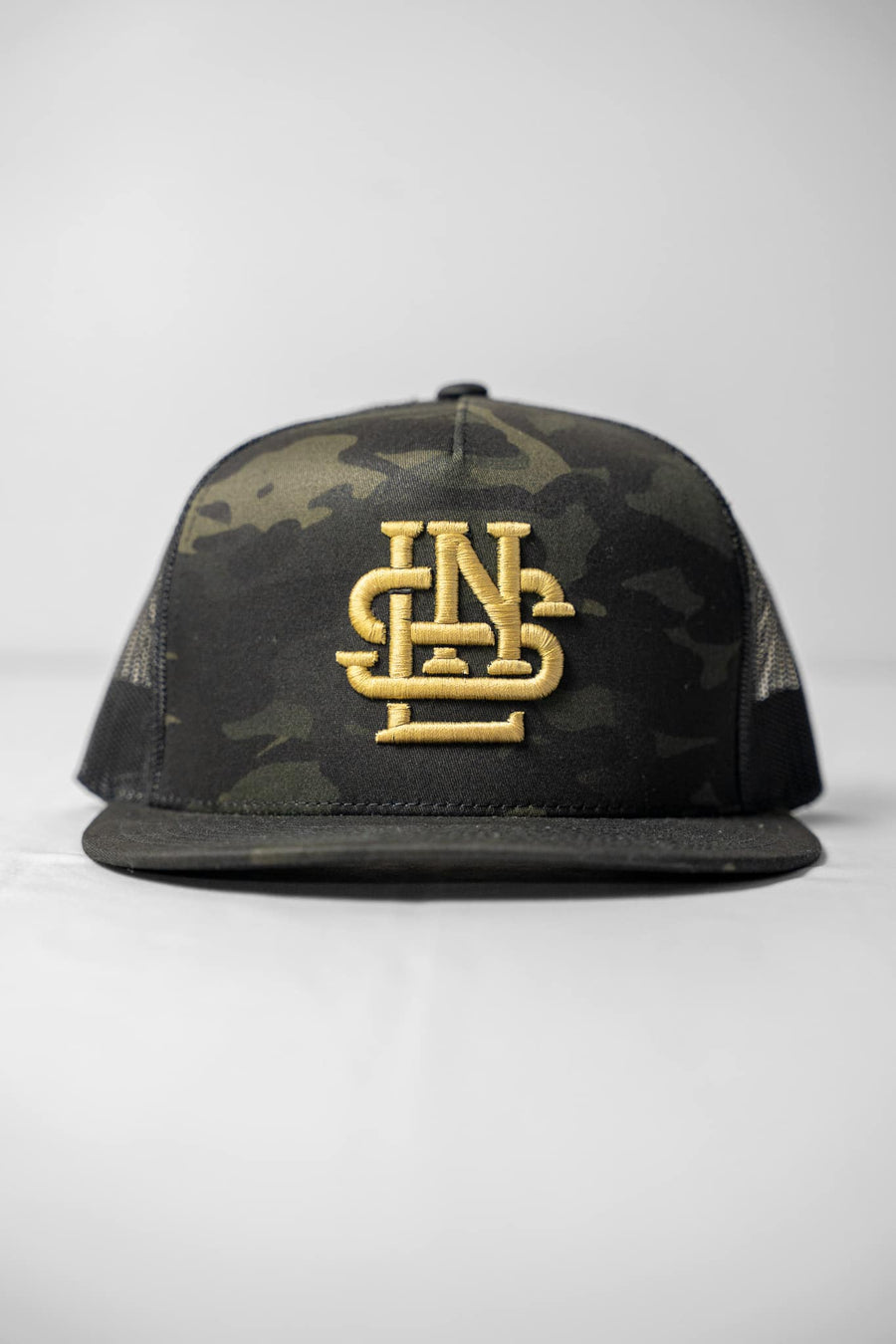 LNS Embroidered Monogram Trucker - Black Multicam/Gold