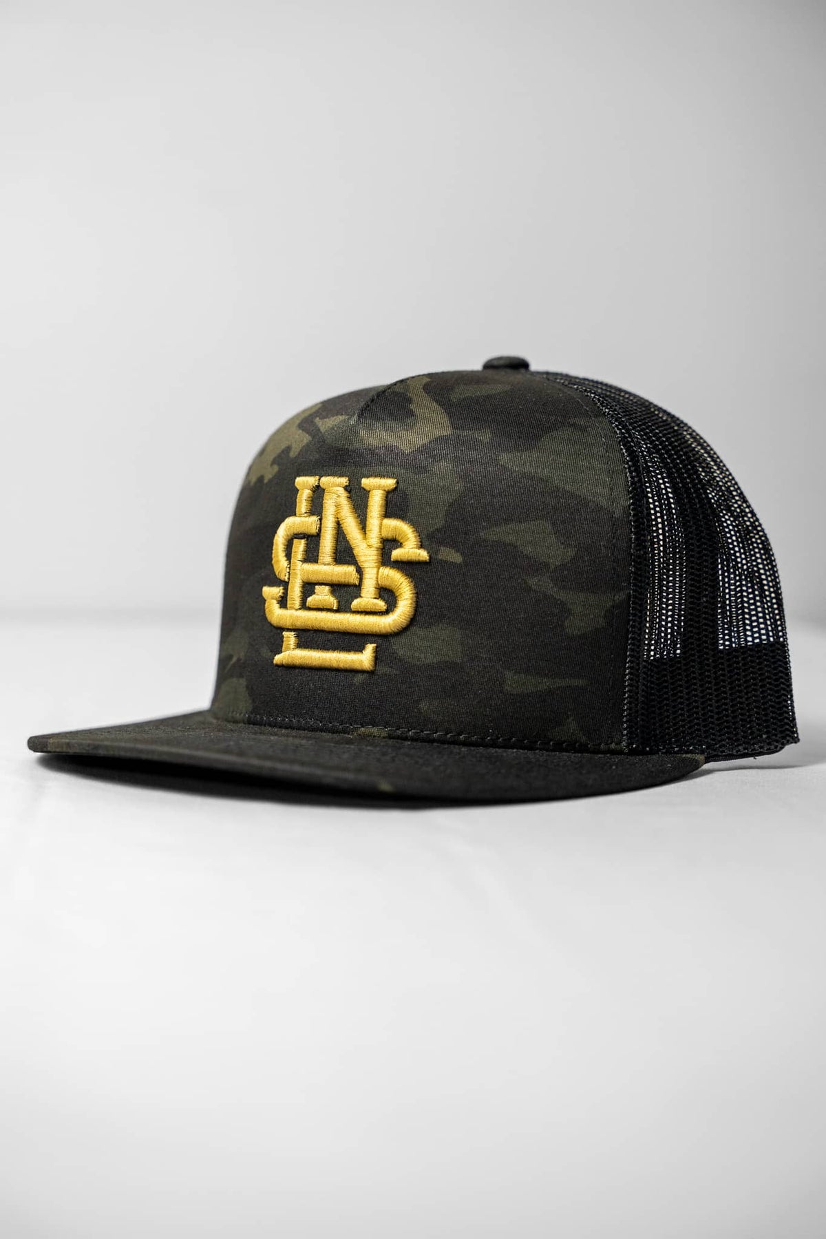 LNS Embroidered Monogram Trucker - Black Multicam/Gold