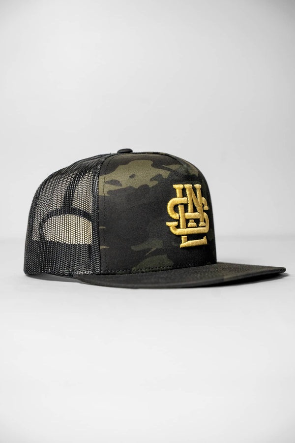 LNS Embroidered Monogram Trucker - Black Multicam/Gold