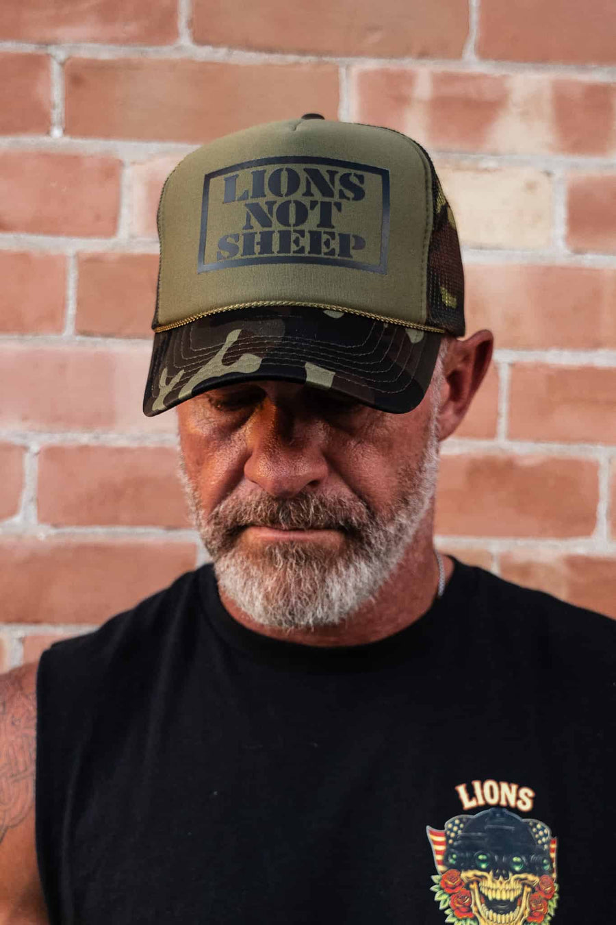 Lions Not Sheep Foam Trucker Hat Dark Green Camo