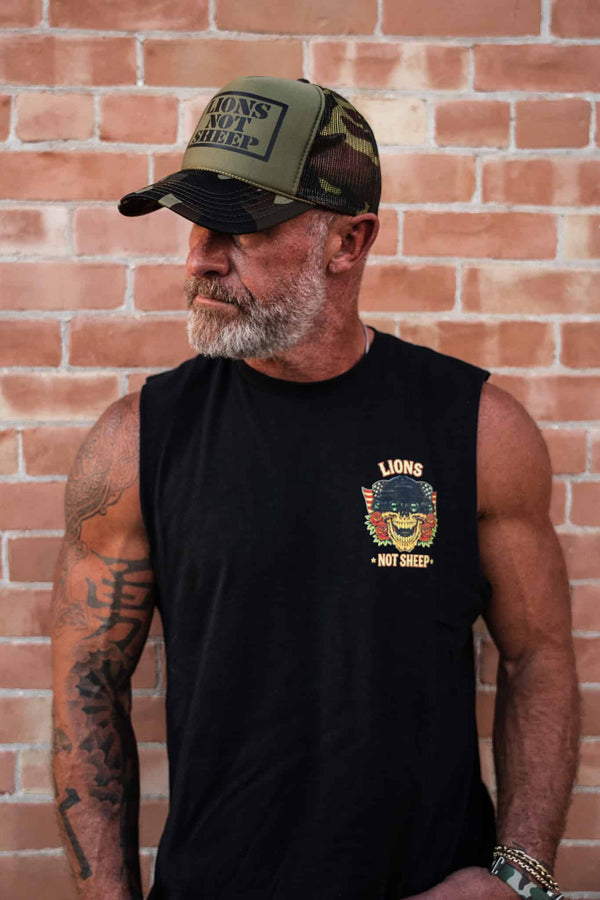 Lions Not Sheep Foam Trucker Hat Dark Green Camo