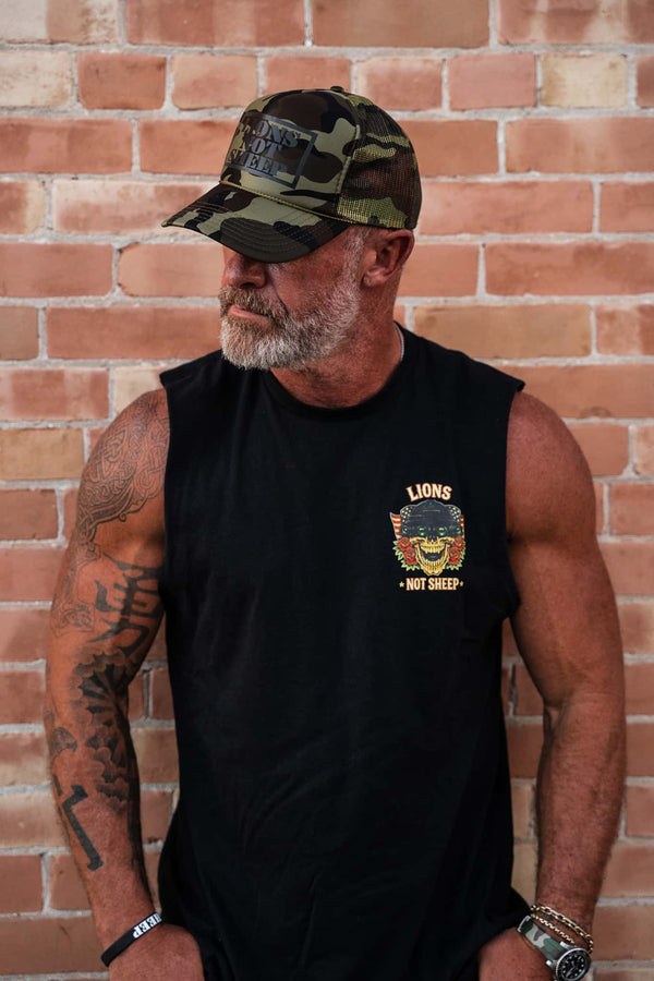 Lions Not Sheep Foam Trucker Hat Full Camo
