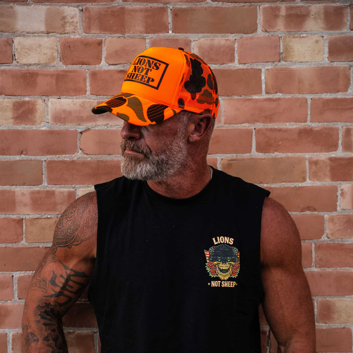 Lions Not Sheep Foam Trucker Hat Orange Camo