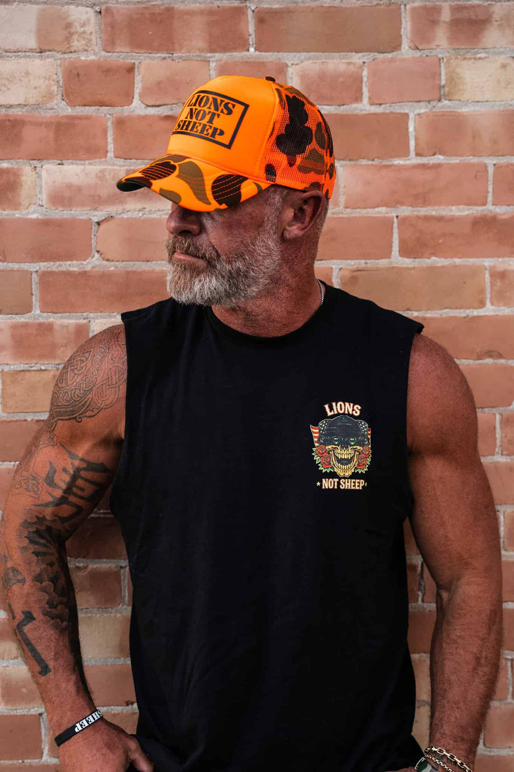 Lions Not Sheep Foam Trucker Hat Orange Camo
