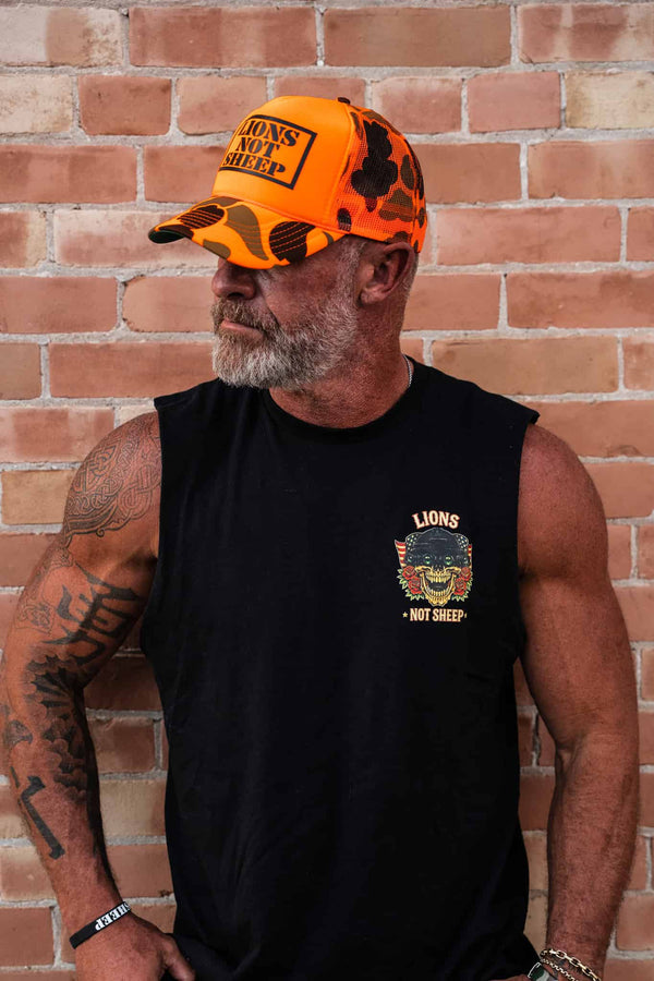 Lions Not Sheep Foam Trucker Hat Orange Camo