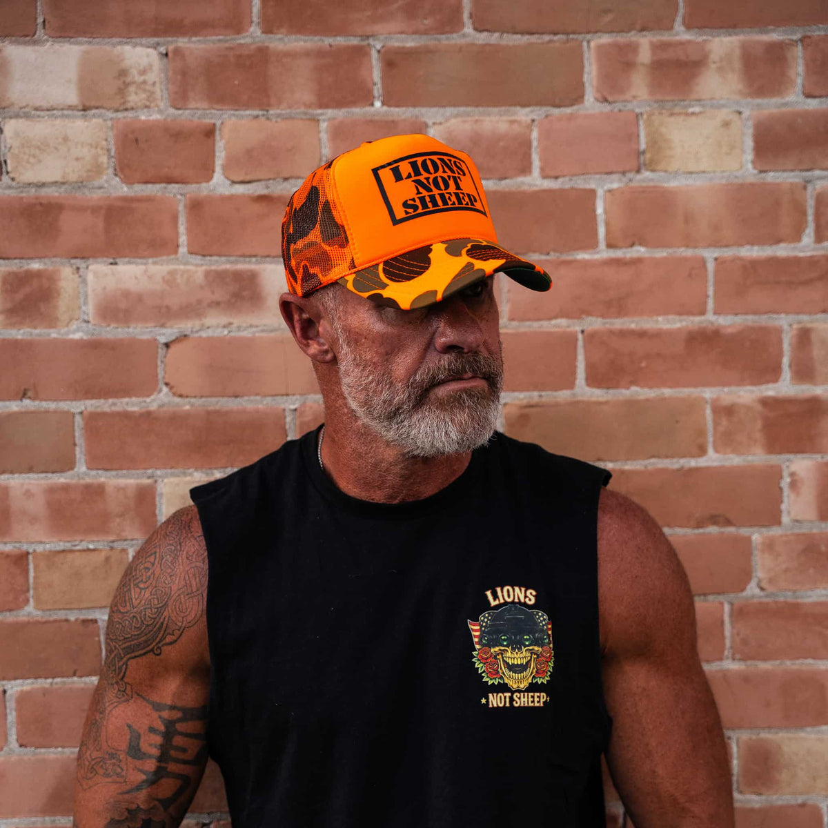 Lions Not Sheep Foam Trucker Hat Orange Camo