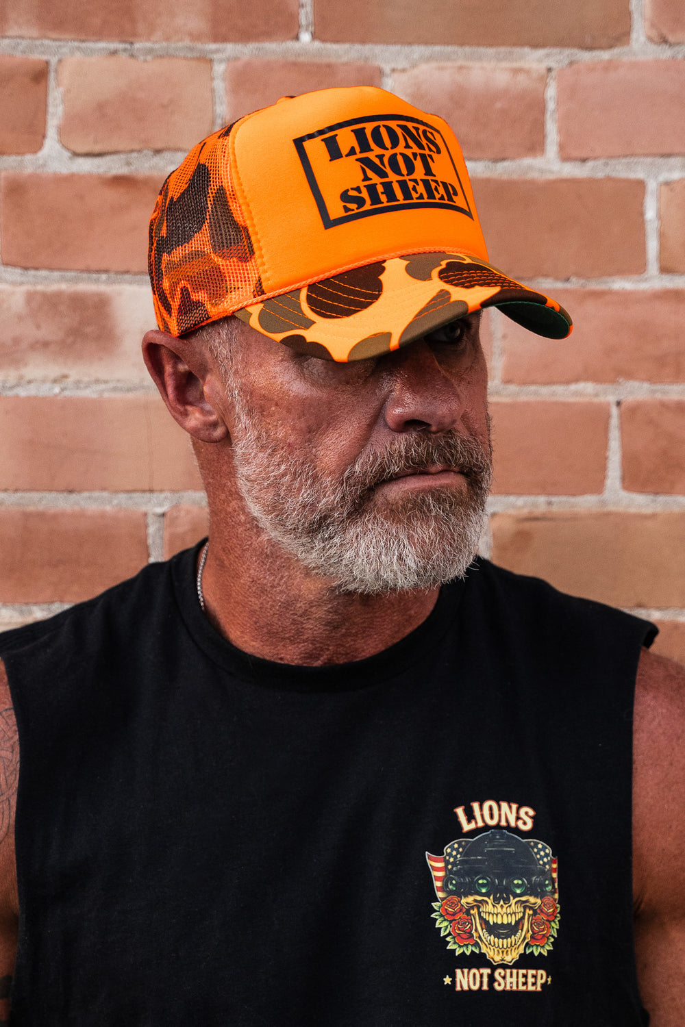 Lions Not Sheep Foam Trucker Hat Orange Camo