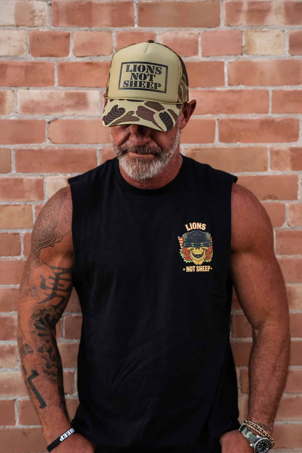 Lions Not Sheep Foam Trucker Hat Tan Camo