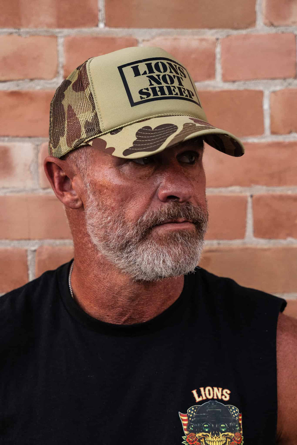 Lions Not Sheep Foam Trucker Hat Tan Camo