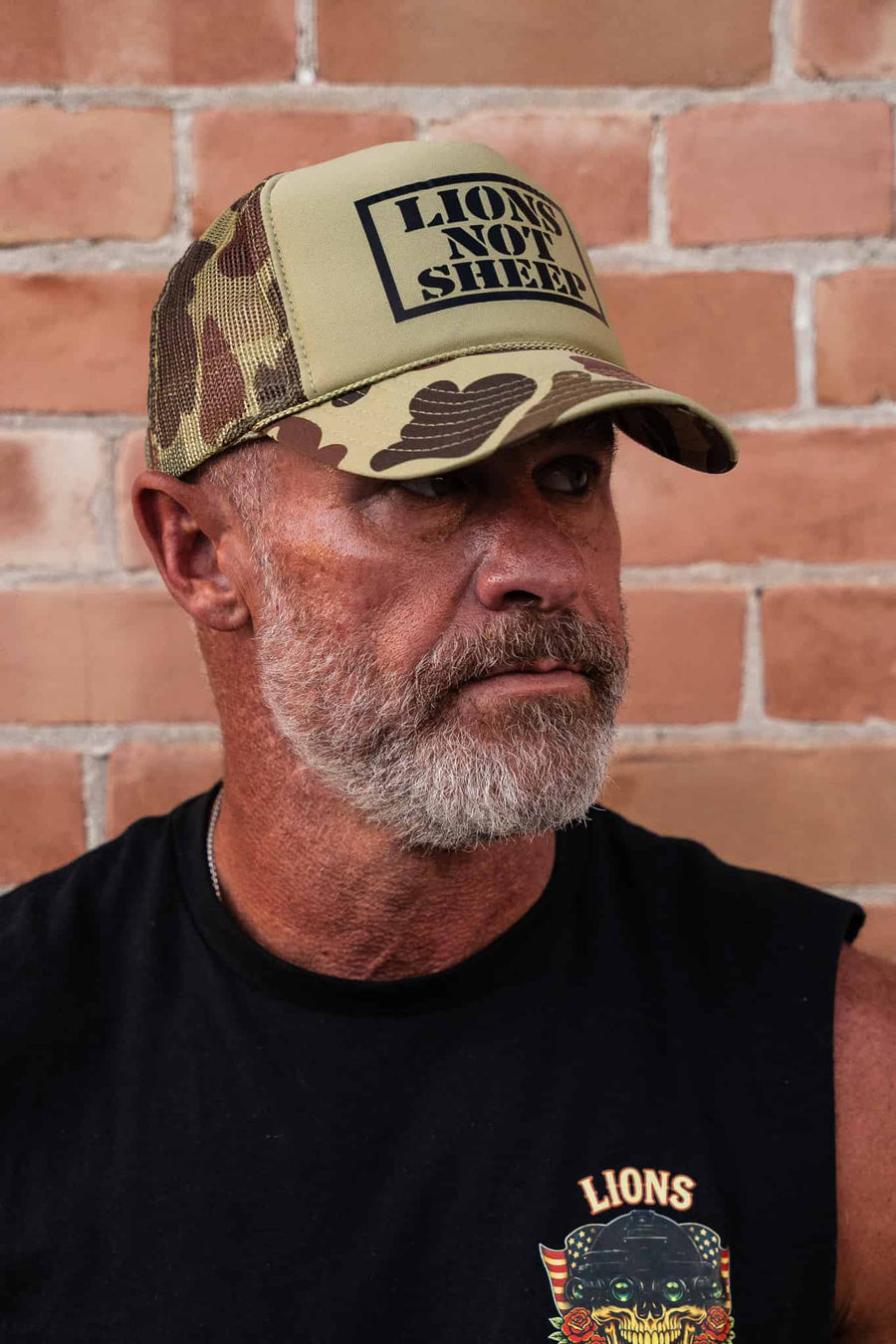 Lions Not Sheep Foam Trucker Hat Tan Camo