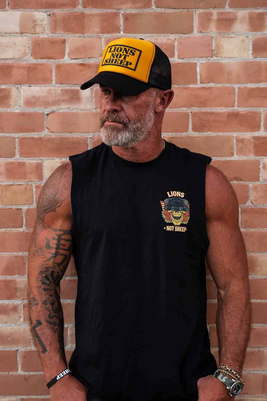 Lions Not Sheep Foam Trucker Hat Gold Black