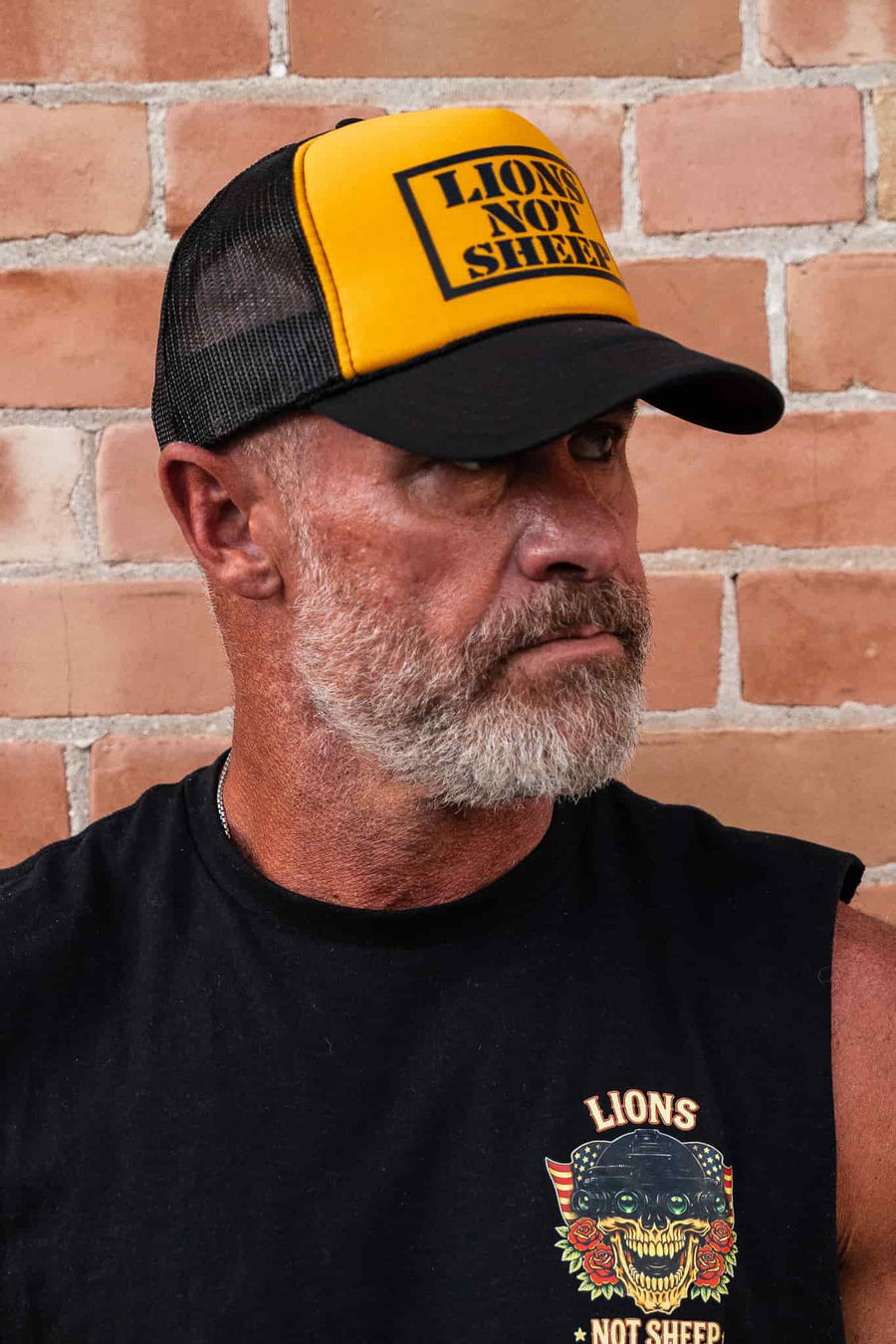 Lions Not Sheep Foam Trucker Hat Gold Black