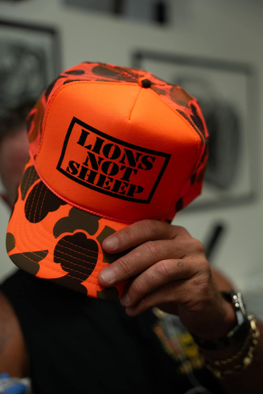 Lions Not Sheep Foam Trucker Hat Orange Camo