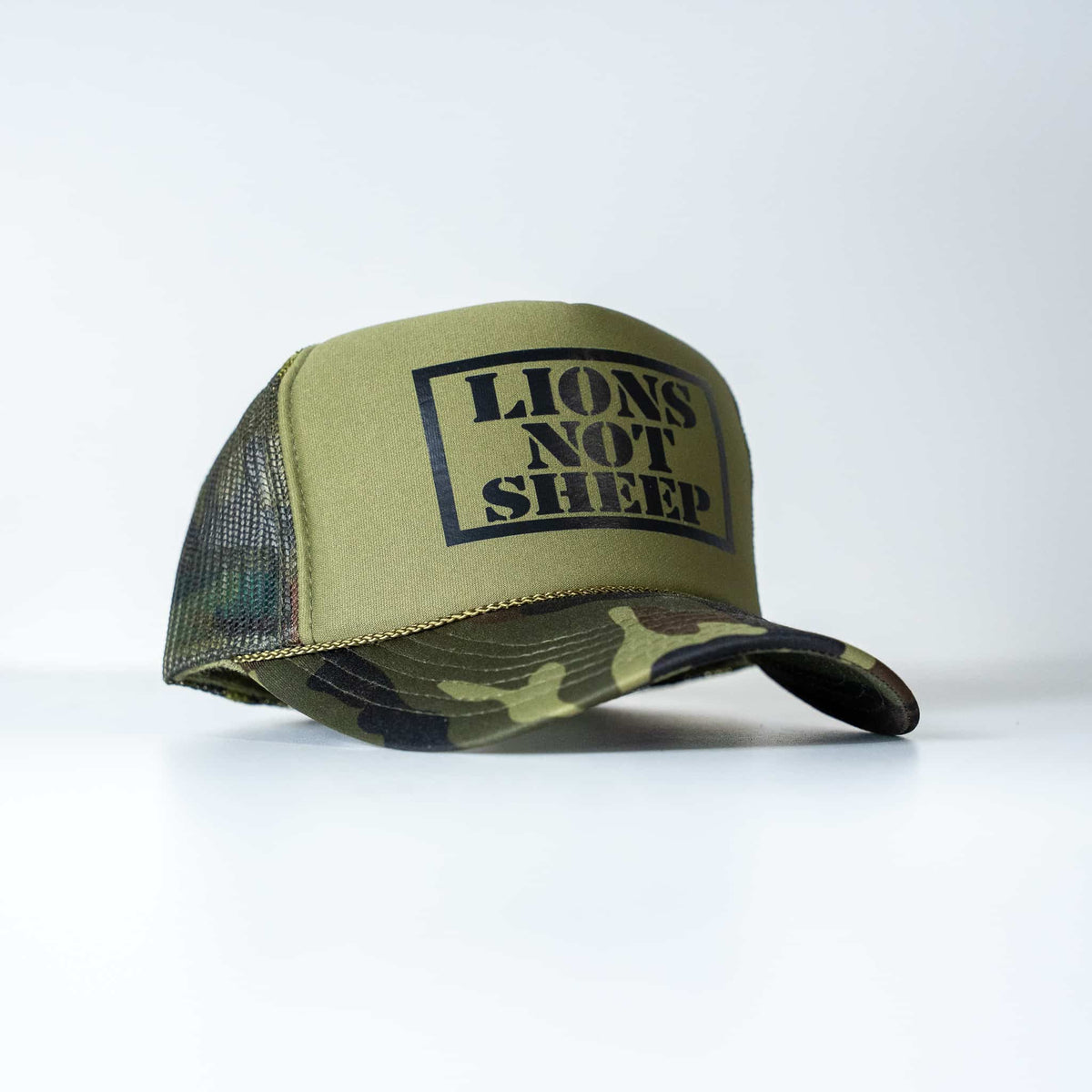 Lions Not Sheep Foam Trucker Hat Dark Green Camo