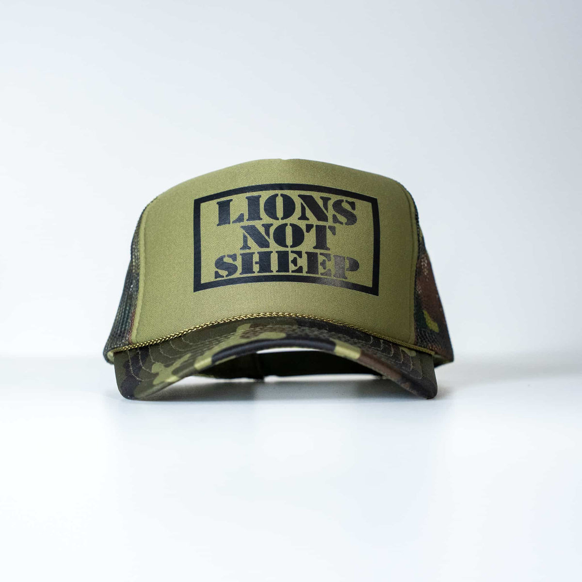 Lions Not Sheep Foam Trucker Hat Dark Green Camo