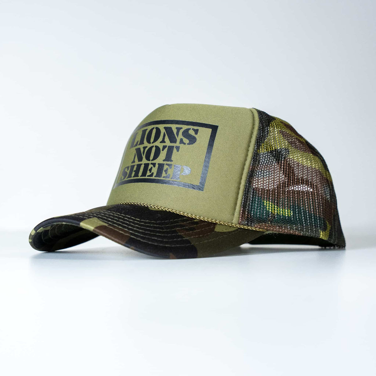 Lions Not Sheep Foam Trucker Hat Dark Green Camo