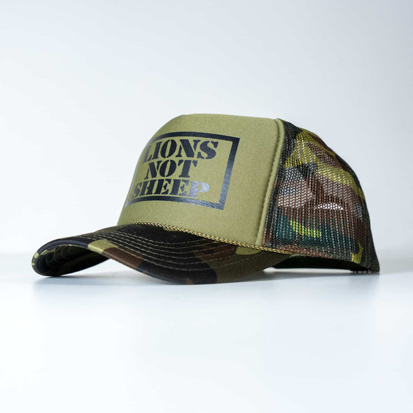 Lions Not Sheep Foam Trucker Hat Dark Green Camo