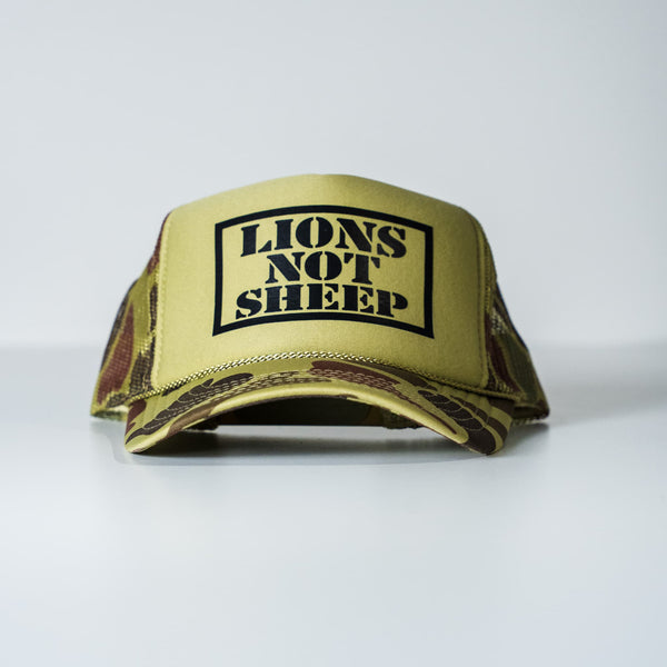 Lions Not Sheep Foam Trucker Hat Tan Camo
