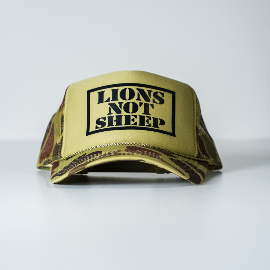 Lions Not Sheep Foam Trucker Hat Tan Camo