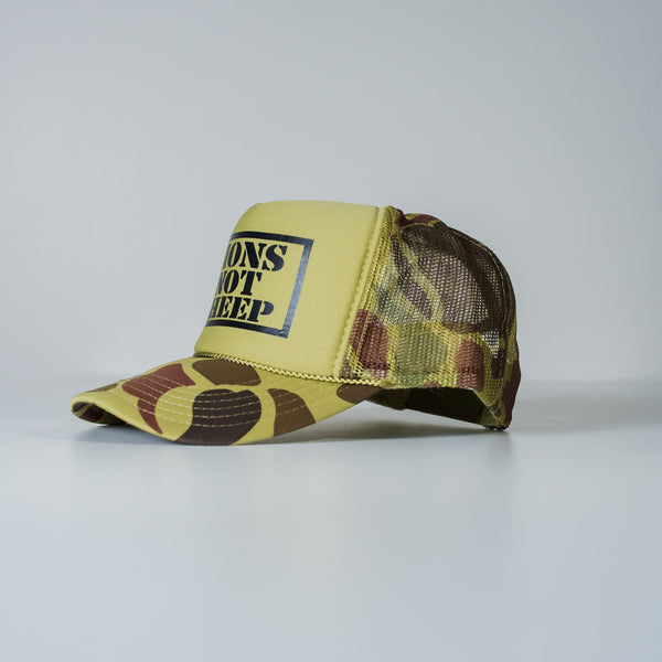 Lions Not Sheep Foam Trucker Hat Tan Camo