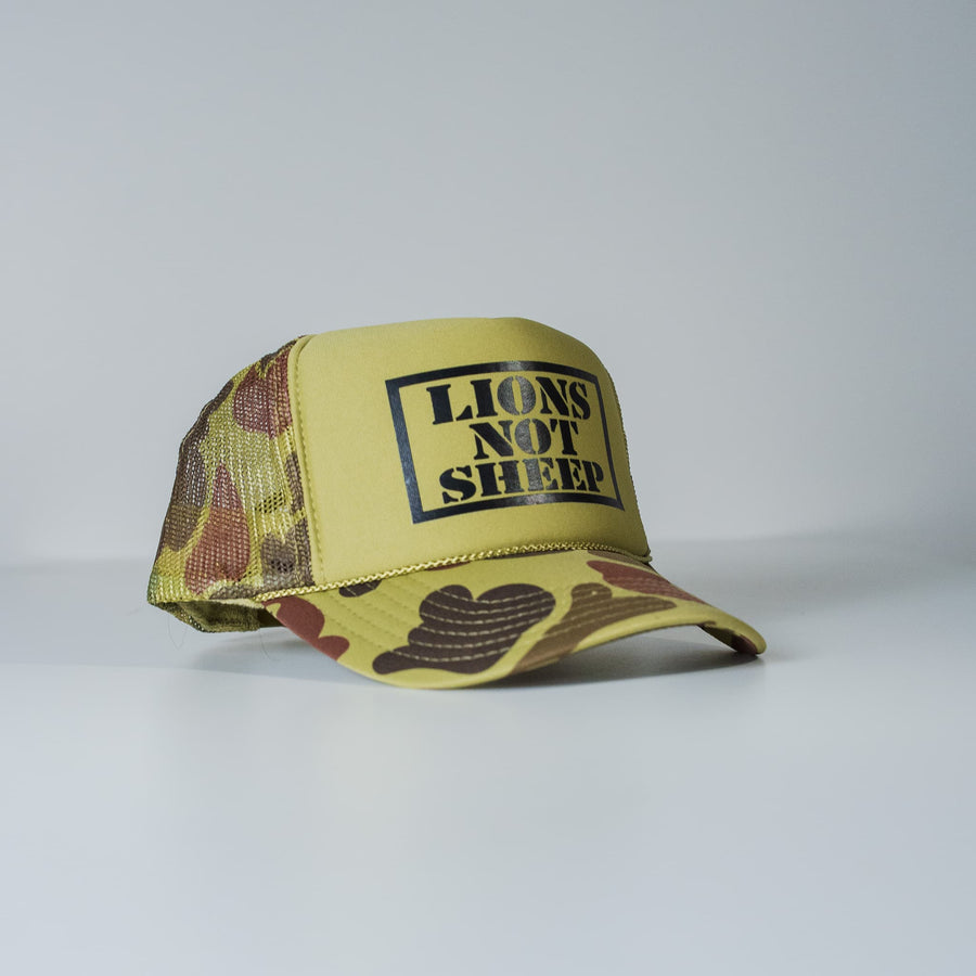 Lions Not Sheep Foam Trucker Hat Tan Camo