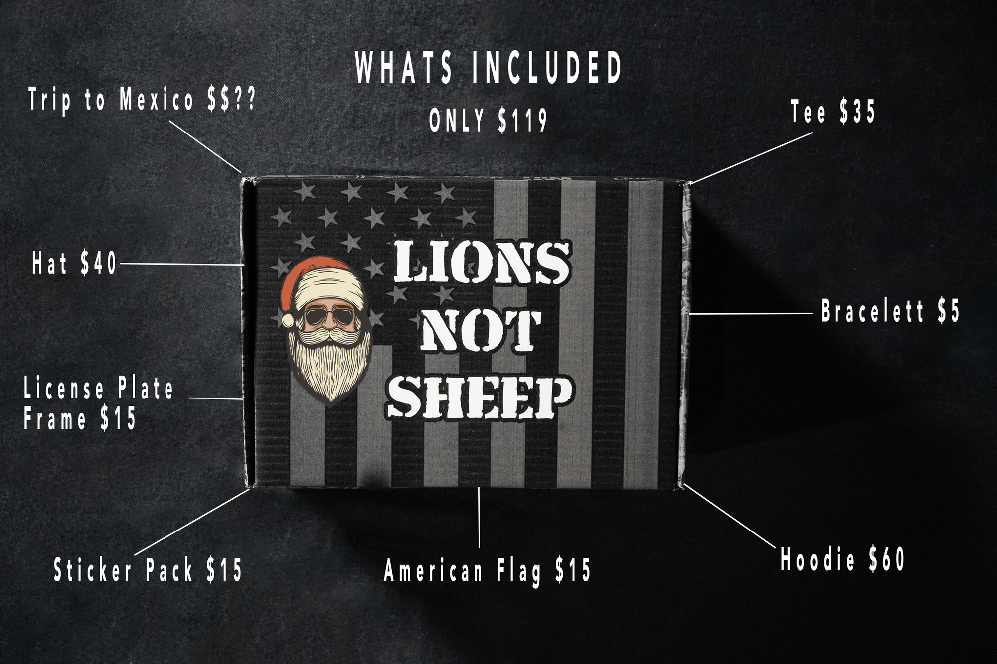 Over $200 worth of Lions not Sheep Apparel items in the Christmas Boxfor only $119!