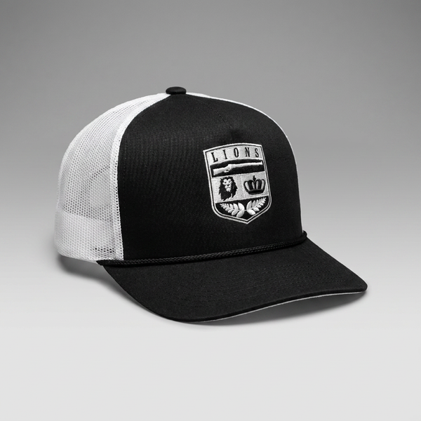 Black/White Lions Not Sheep "Crest" 5 Panel Trucker Hat - Dark Version