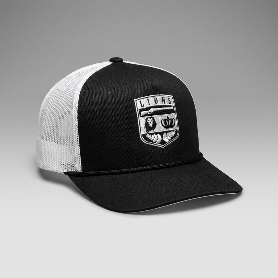 Black/White Lions Not Sheep "Crest" 5 Panel Trucker Hat - Dark Version