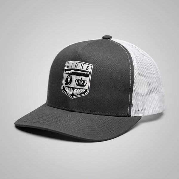 Black/White Lions Not Sheep "Crest" 5 Panel Trucker Hat - Dark Version