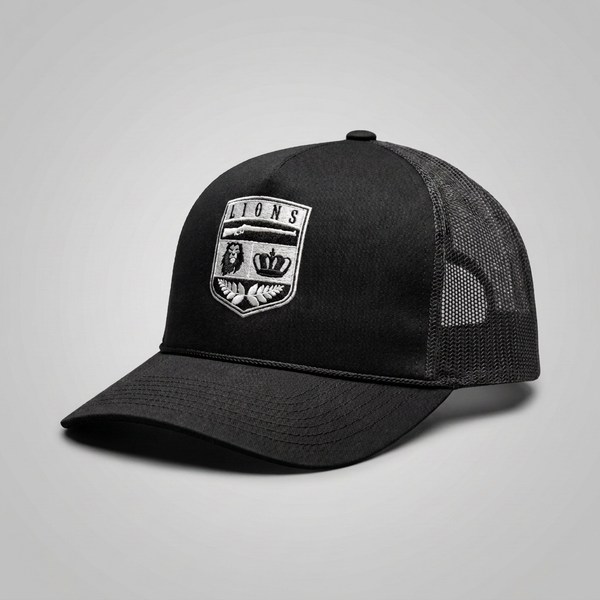 Black/White Lions Not Sheep "Crest" 5 Panel Trucker Hat - Dark Version
