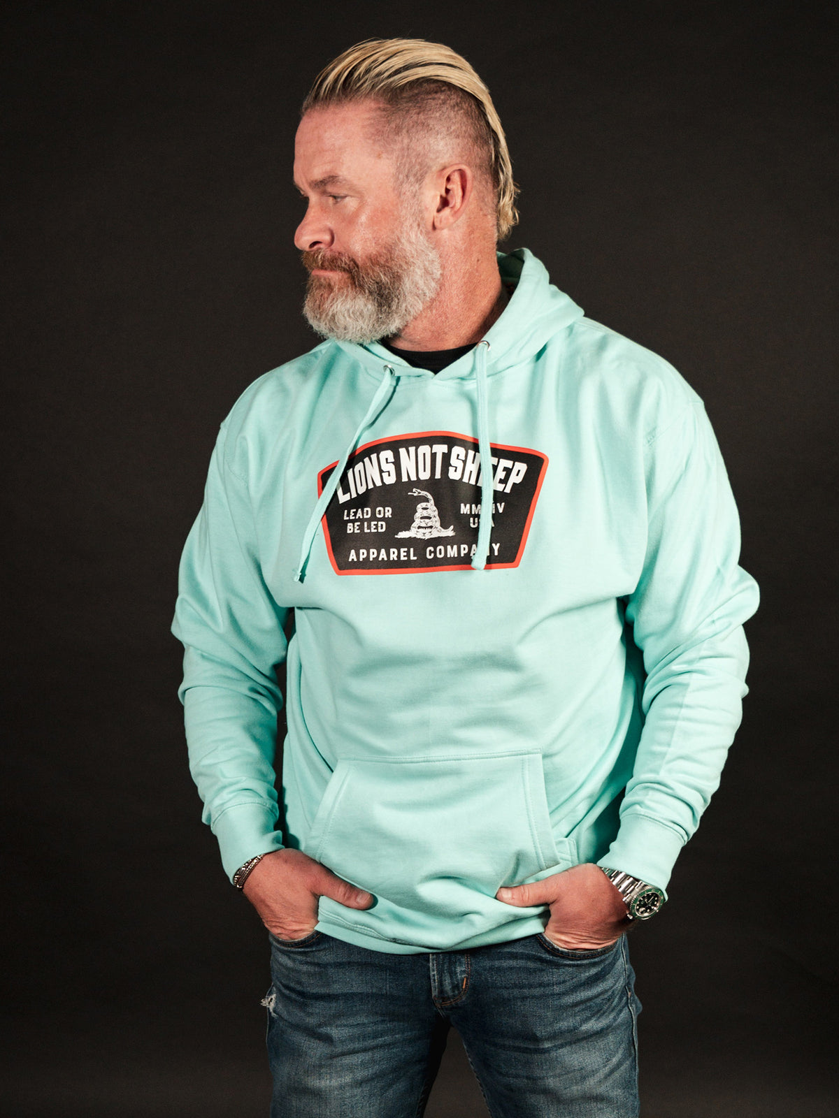 LEAD FROM THE FRONT Unisex Pullover Hoodie (Mint) - Lions Not Sheep ®
