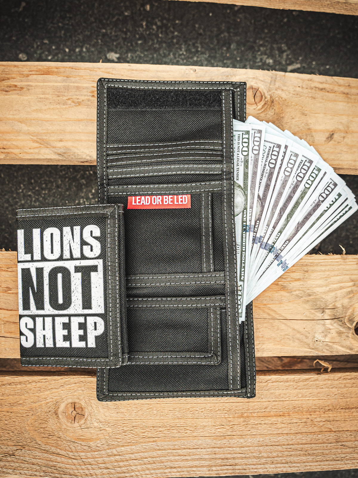 &quot;STRAIGHT OUTTA&quot; Velcro Wallet - Lions Not Sheep ®